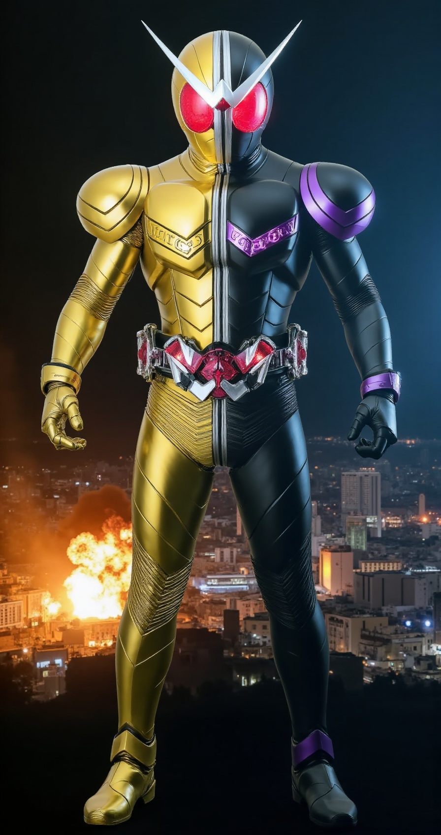 kamenw-color,  ultra realistic portrait of Kamen Rider W,  left half suit in shining gold on Tensor.Art