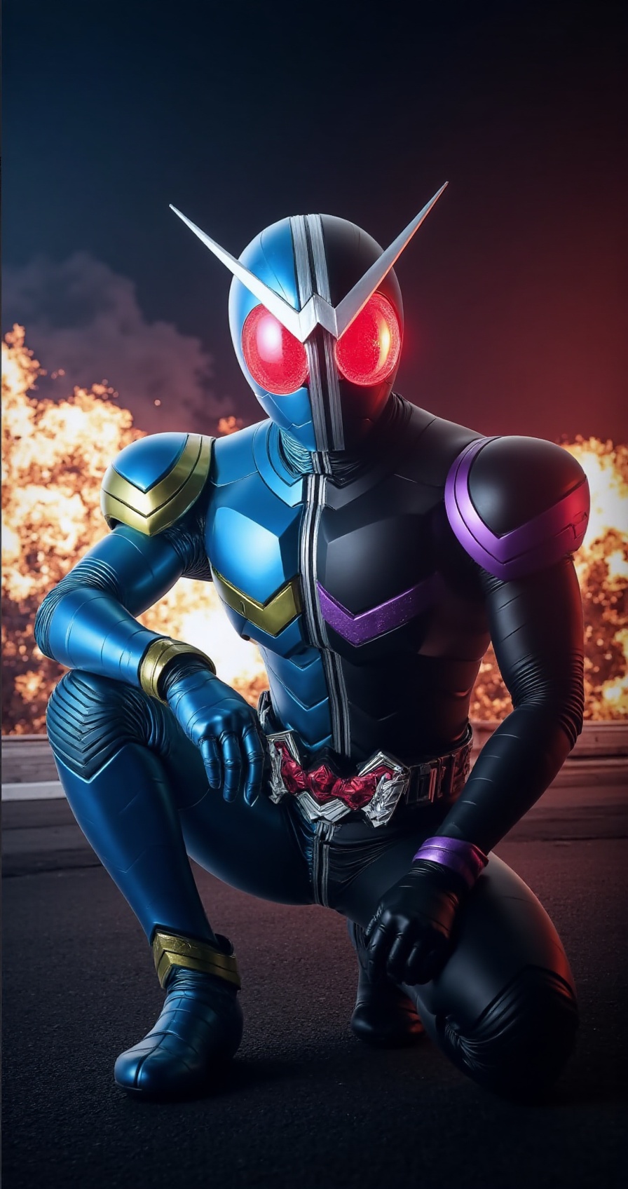 kamenw-color,  ultra realistic portrait of Kamen Rider W,  left half suit in electric blue on Tensor.Art