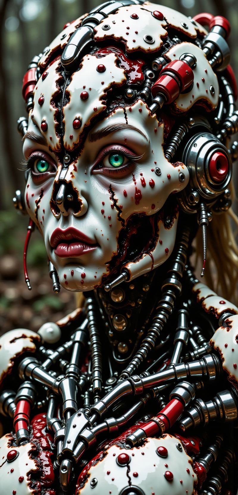Close up detail of supreme female robot head,  polycarbonate bodywork,  half humanoid half real natural face tactical mode...