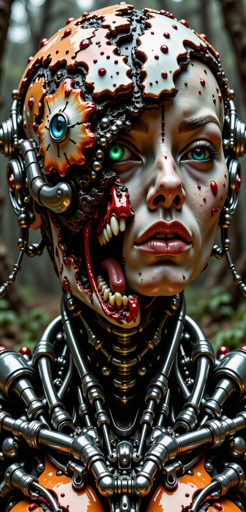 Close up detail of supreme female robot head,  polycarbonate bodywork,  half humanoid half real natural face tactical mode...