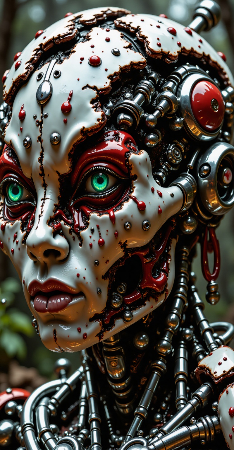 Close up detail of supreme female robot head,  polycarbonate bodywork,  half humanoid half real natural face tactical mode...