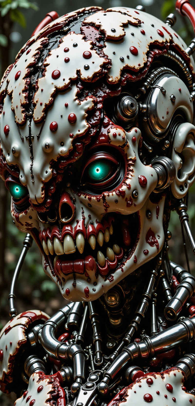 Close up detail of supreme female robot head,  polycarbonate bodywork,  half humanoid half real natural face tactical mode...
