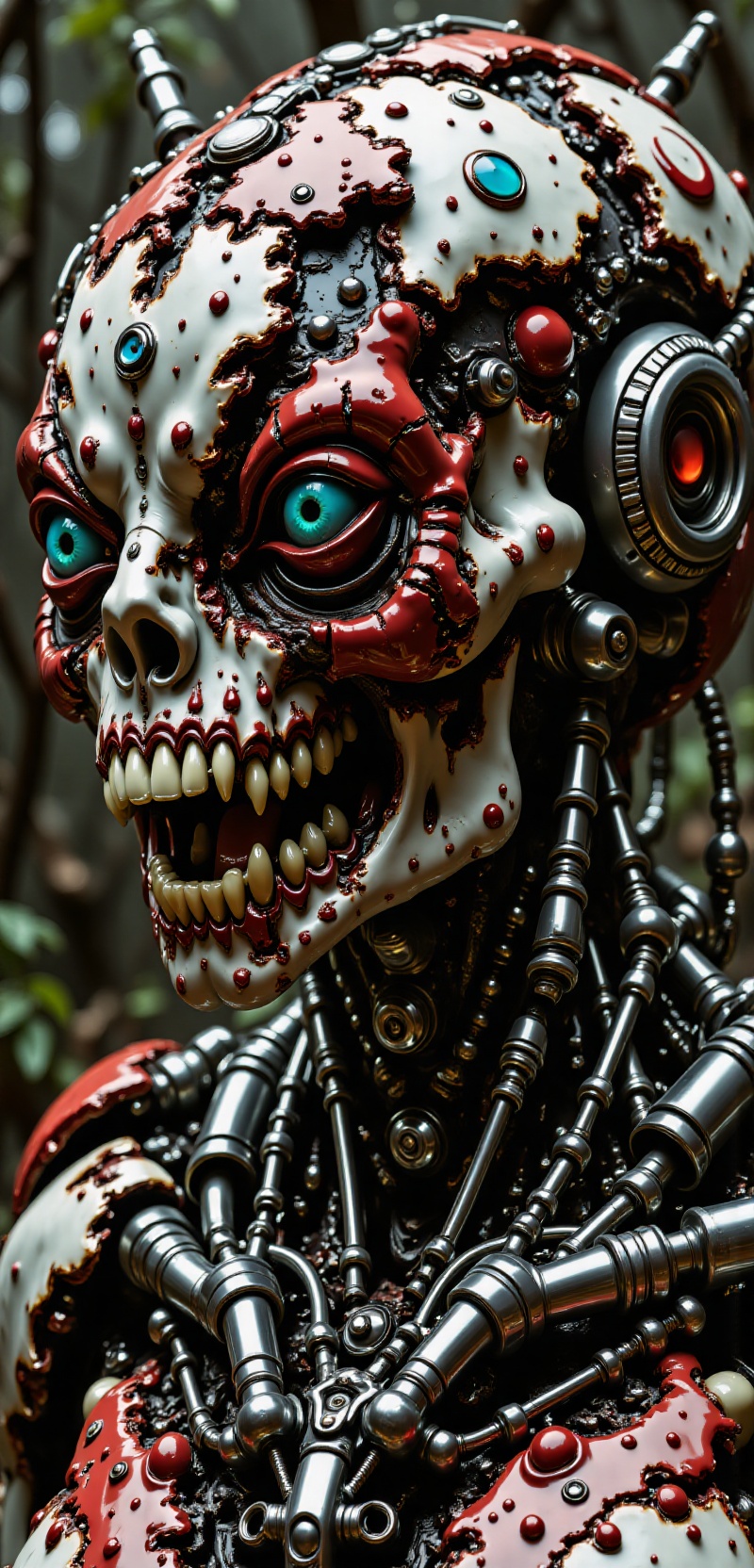 Close up detail of supreme female robot head,  polycarbonate bodywork,  half humanoid half real natural face tactical mode...