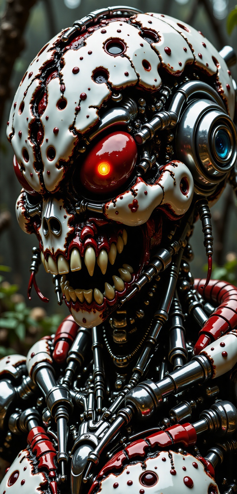 Close up detail of supreme female robot head,  polycarbonate bodywork,  half humanoid half real natural face tactical mode...