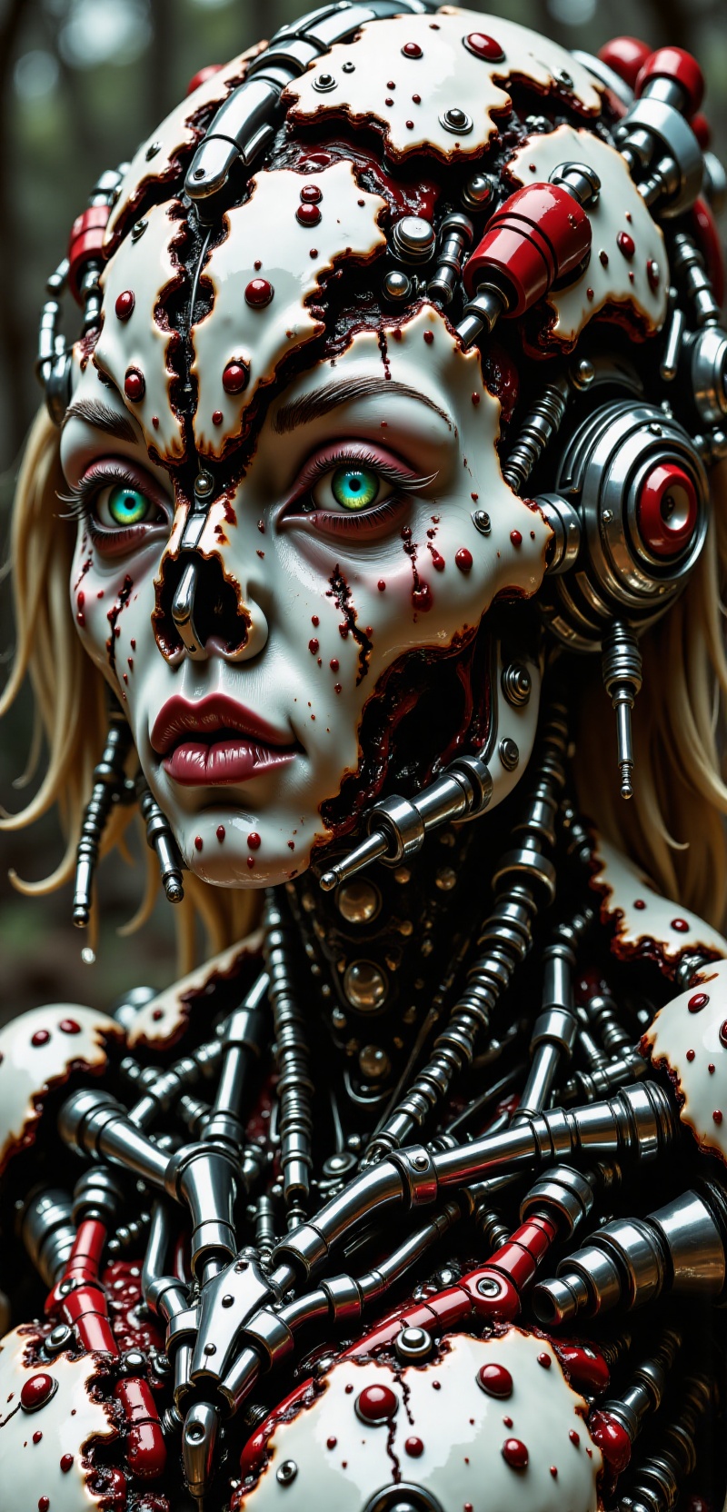 Close up detail of supreme female robot head,  polycarbonate bodywork,  half humanoid half real natural face tactical mode...