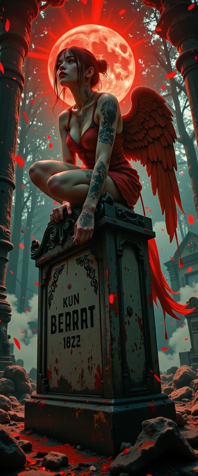 A crimson-hued nightmare unfolds as a fallen angel perches atop a weathered gravestone,  shrouded in thick fog that eerily...