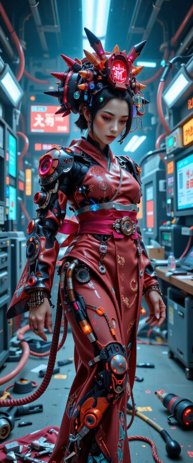 Comic book style,  Cyberpunk geisha,  intricate robotic exoskeleton integrated with traditional kimono on Tensor.Art