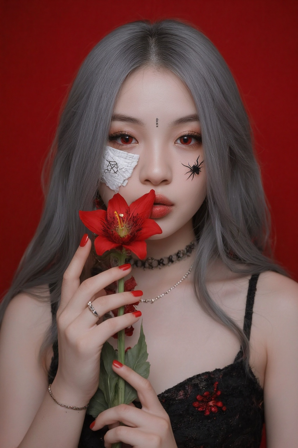 djm_up,  A portrait of a lone girl with long,  grey hair and red eyes on Tensor.Art