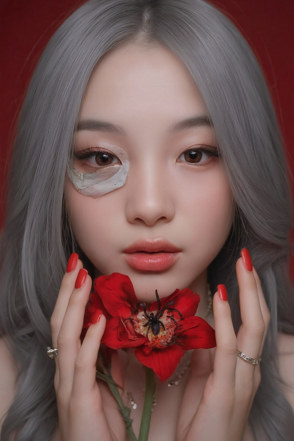 djm_up,  A portrait of a lone girl with long,  grey hair and red eyes on Tensor.Art