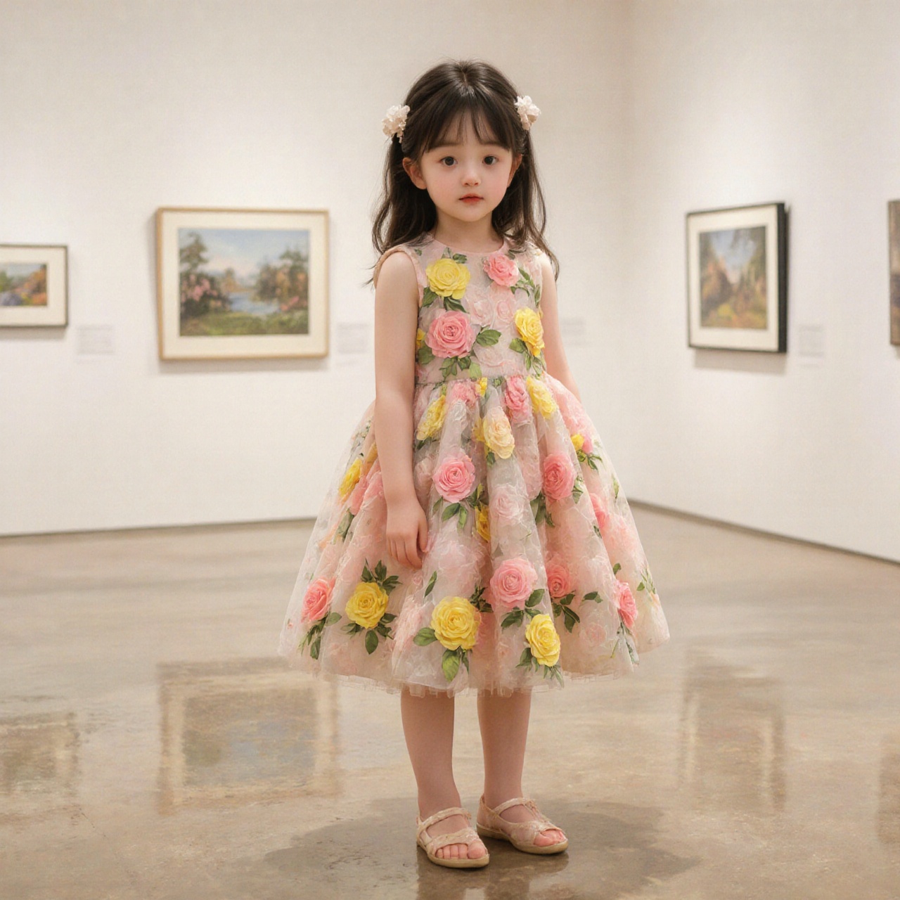 The image shows a young girl standing in an art gallery. She is wearing a sleeveless dress made of pink and yellow rose-li...