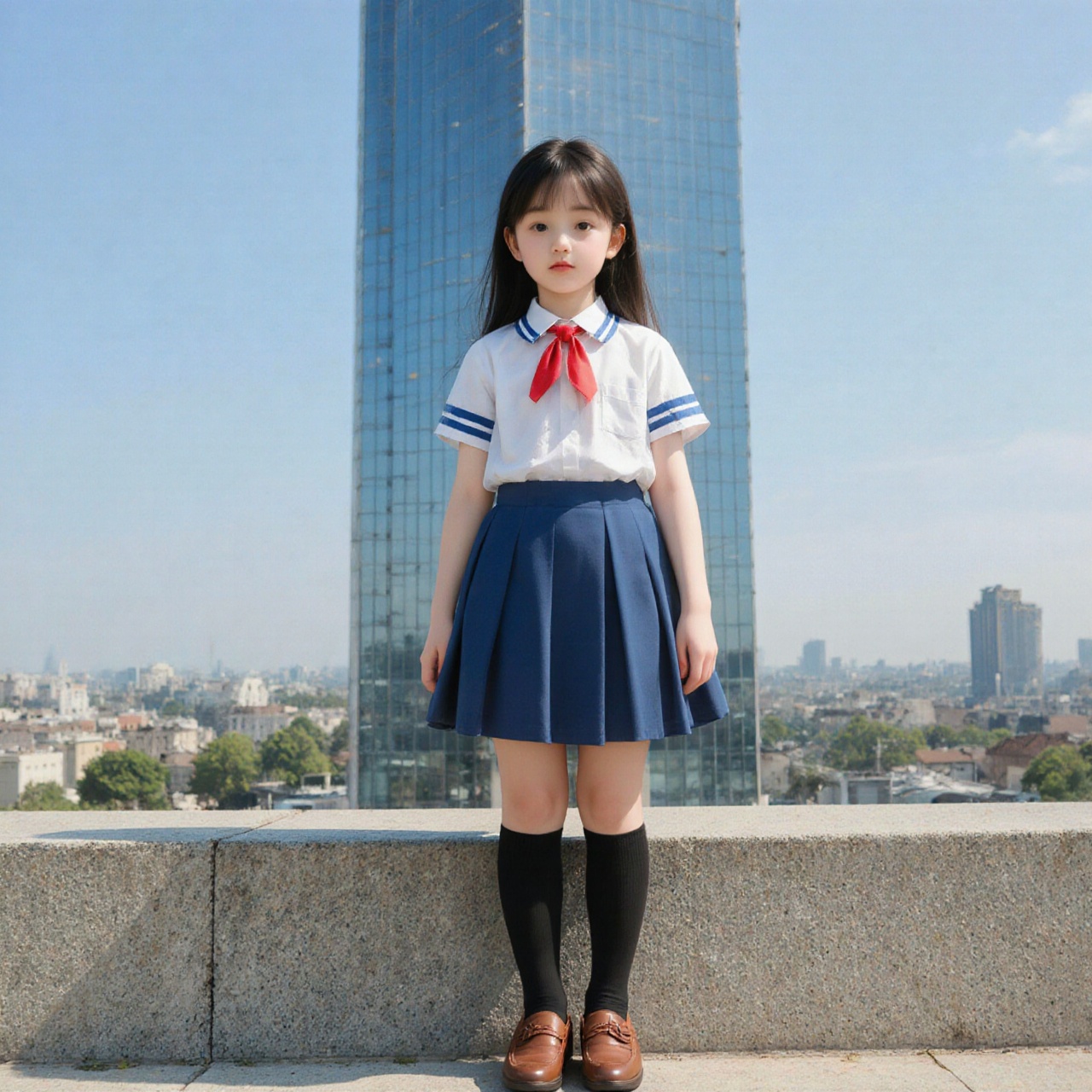 1girl wearing a school uniform consisting of a white short-sleeved shirt with blue stripes on the sleeves and collar,  a b...