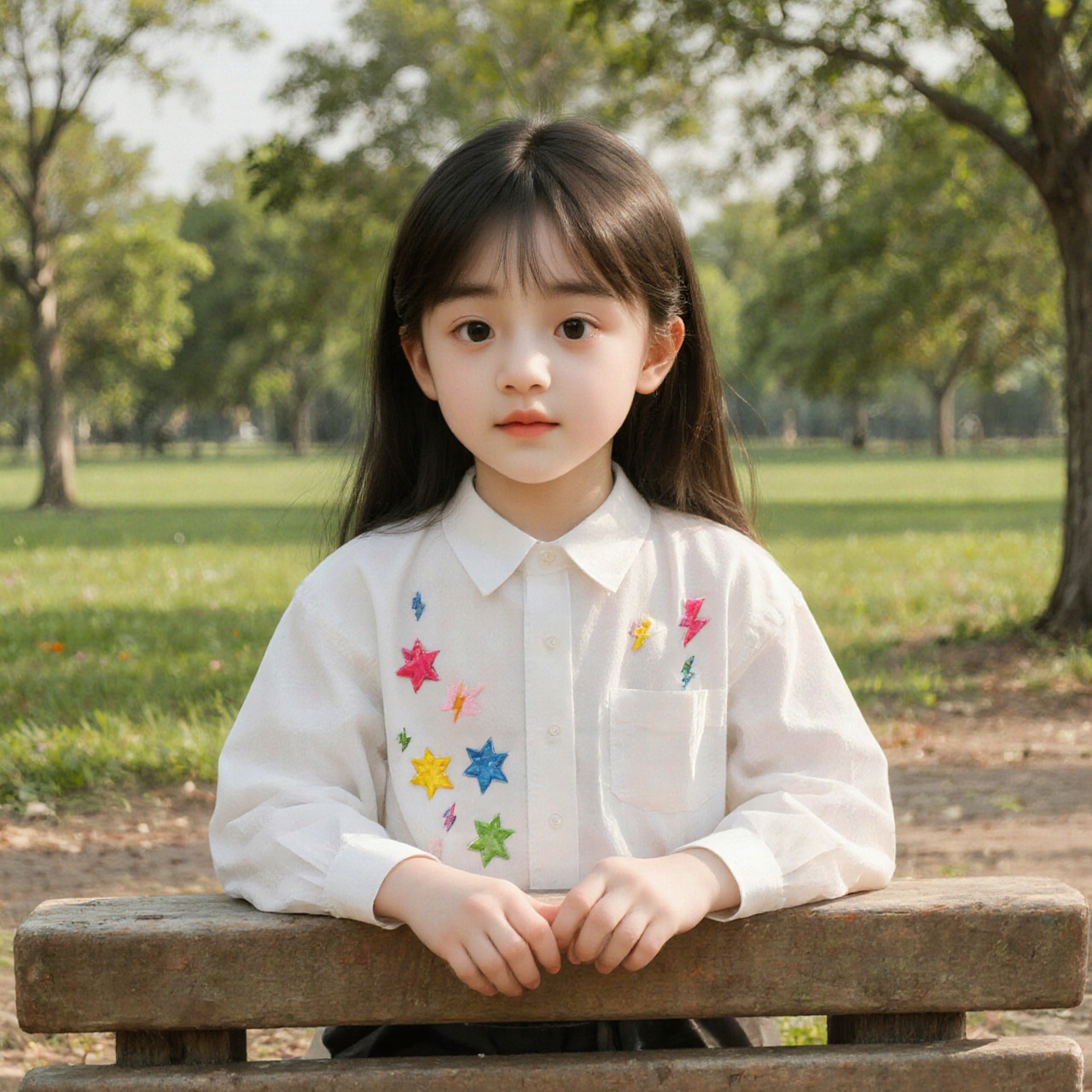 The image shows a young person sitting on a wooden bench in an outdoor setting. The person is wearing a white shirt with c...