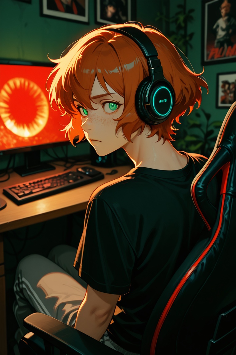 (1man),  peachy pale neutral skin,  lean tonned build. Messy ginger auburn hair on Tensor.Art