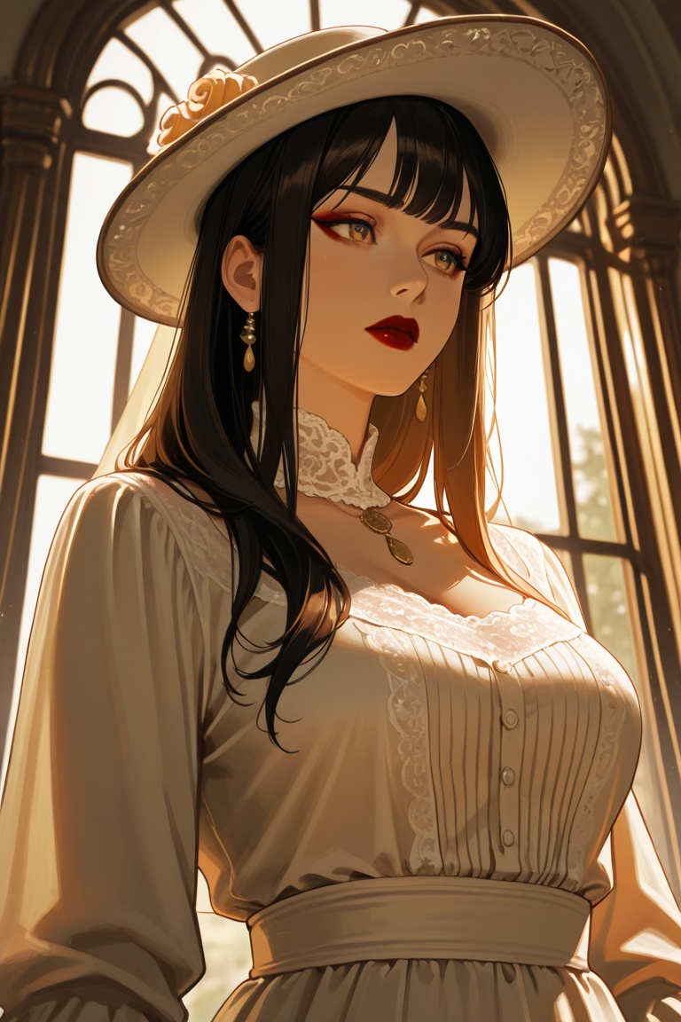 A realistic portrait of a refined 1930s Parisian woman seated by a tall window,  soft golden morning light streaming in,...