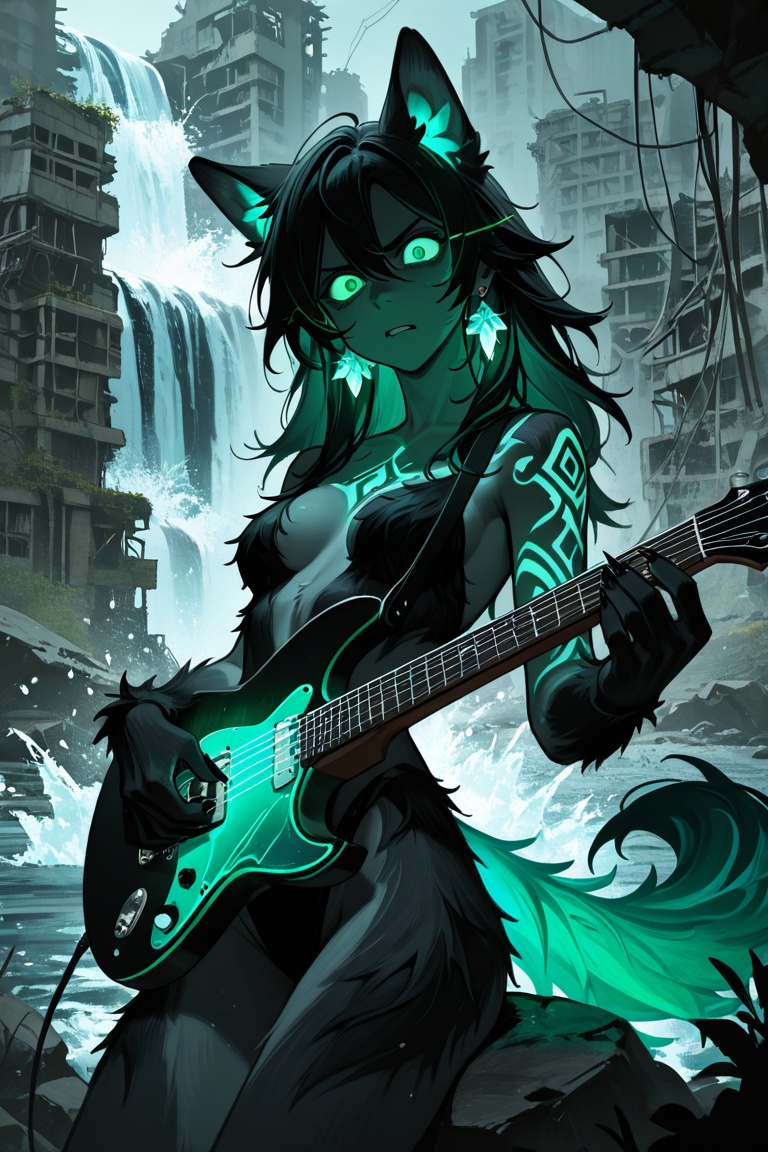 An splashing waterfall dashes over the ruins of a devastated city landscape,  bioluminescent,  glowing tattoos on Tensor.Art