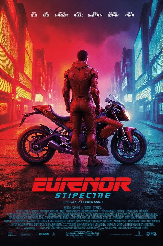 movposterstyle,  cinematic sci-fi cyberpunk movie poster,  futuristic biker in red armor standing beside sleek high-tech m...