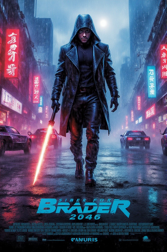 movposterstyle,  cinematic sci-fi movie poster,  cyberpunk assassin with glowing neon katana on Tensor.Art