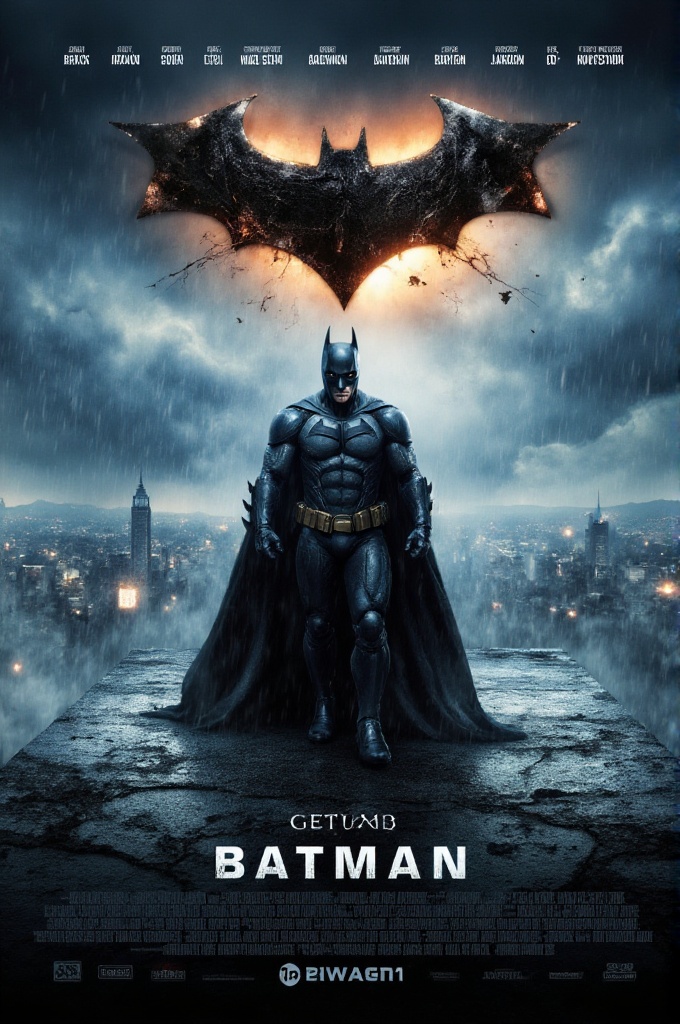movposterstyle,  cinematic superhero movie poster,  dark vigilante in armored batsuit standing on rainy Gotham rooftop on...