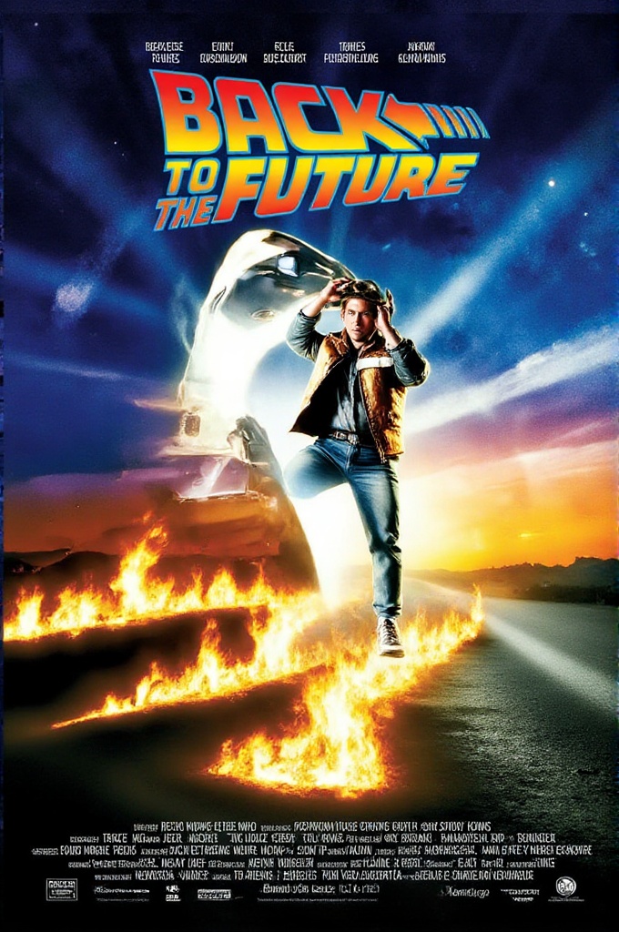 movposterstyle,  cinematic retro sci-fi adventure movie poster,  young man in 80s jacket stepping out of a glowing DeLorea...