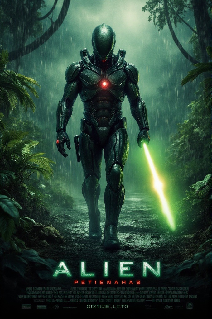 movposterstyle,  cinematic sci-fi action movie poster,  alien hunter in biomechanical armor with glowing green targeting l...