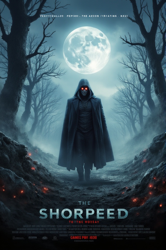 movposterstyle,  cinematic horror movie poster,  mysterious figure in dark cloak standing in foggy forest on Tensor.Art