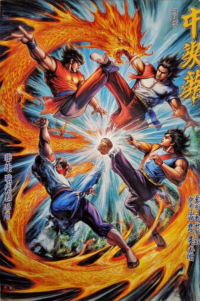 tigerwong-style,  tigerwongcomicstyle,  martial artist delivering a powerful double flying kick with flaming golden dragon...