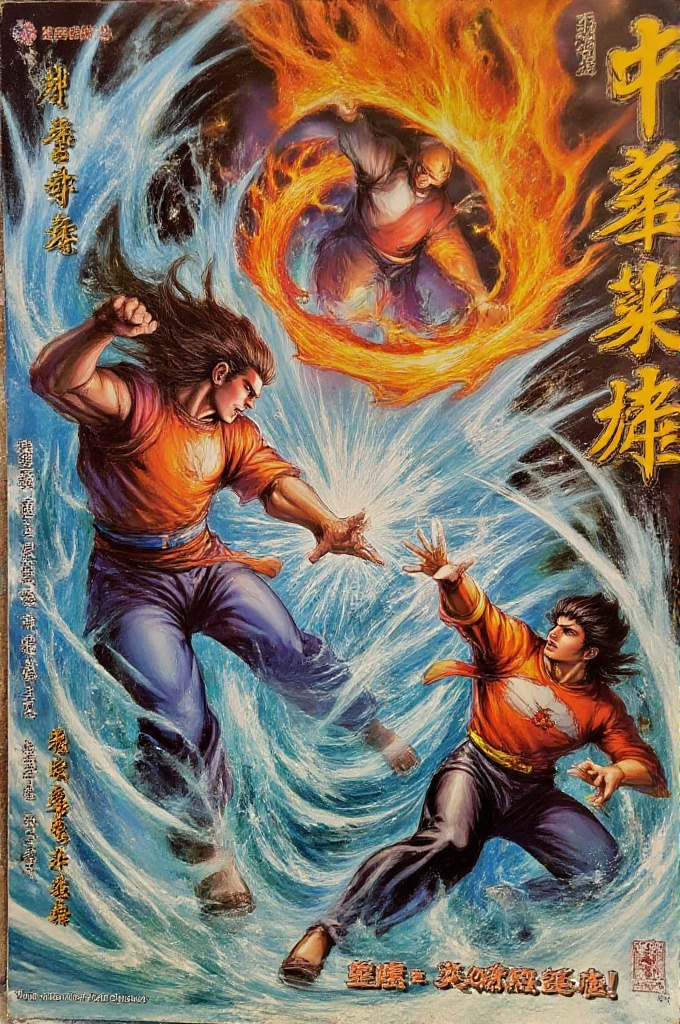 tigerwong-style,  tigerwongcomicstyle,  long-haired martial artist wearing traditional blue and orange outfit launching a...