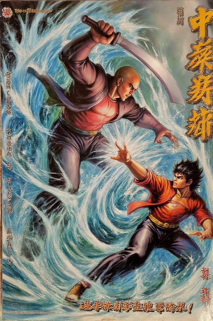 tigerwong-style,  tigerwongcomicstyle,  large bald warrior in black suit swinging a massive katana on Tensor.Art