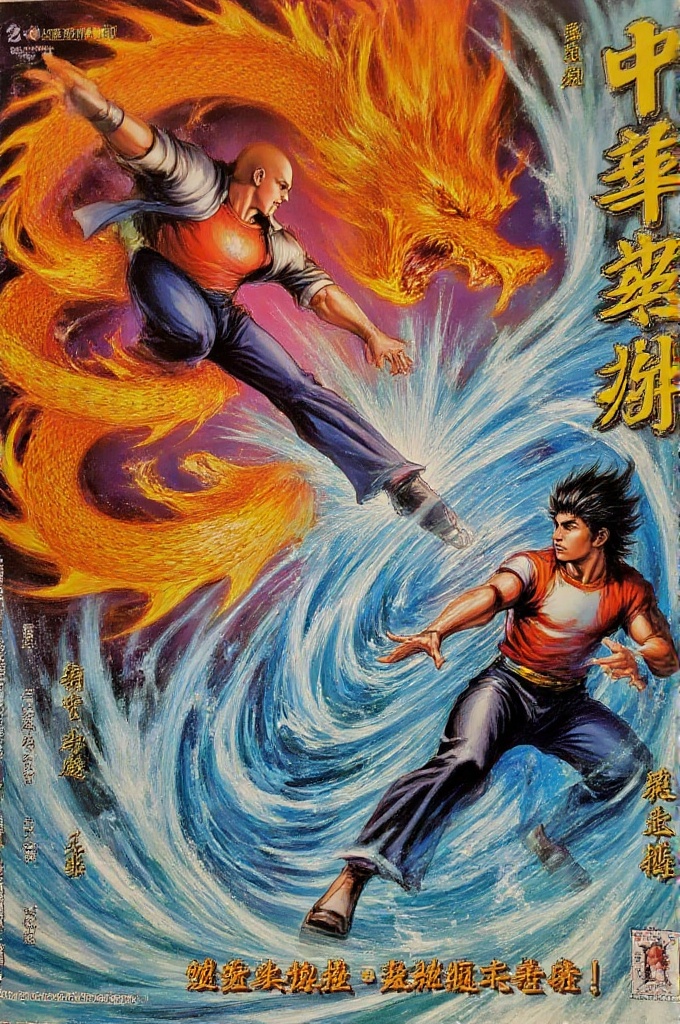 tigerwong-style,  tigerwongcomicstyle,  bald martial artist in red shirt and gray jacket performing flying kick surrounded...