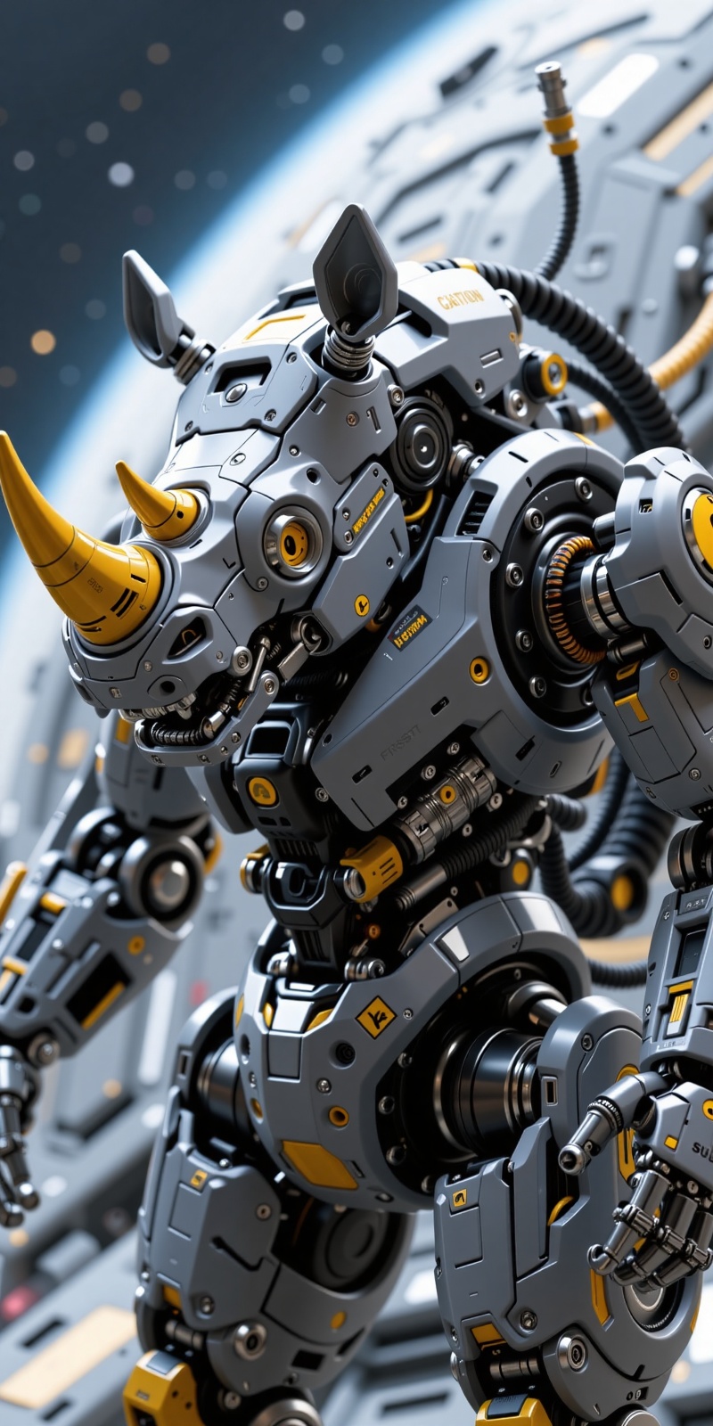 close up zoom image. highly detailed and futuristic rhinocenos beetle robotic figure predominantly in grey with black and...