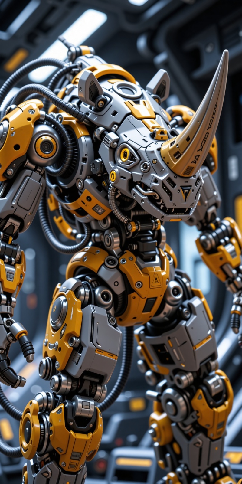Close-up zoom of a highly detailed and futuristic rhinoceros beetle robotic figure in grey with black and chrome accents,...