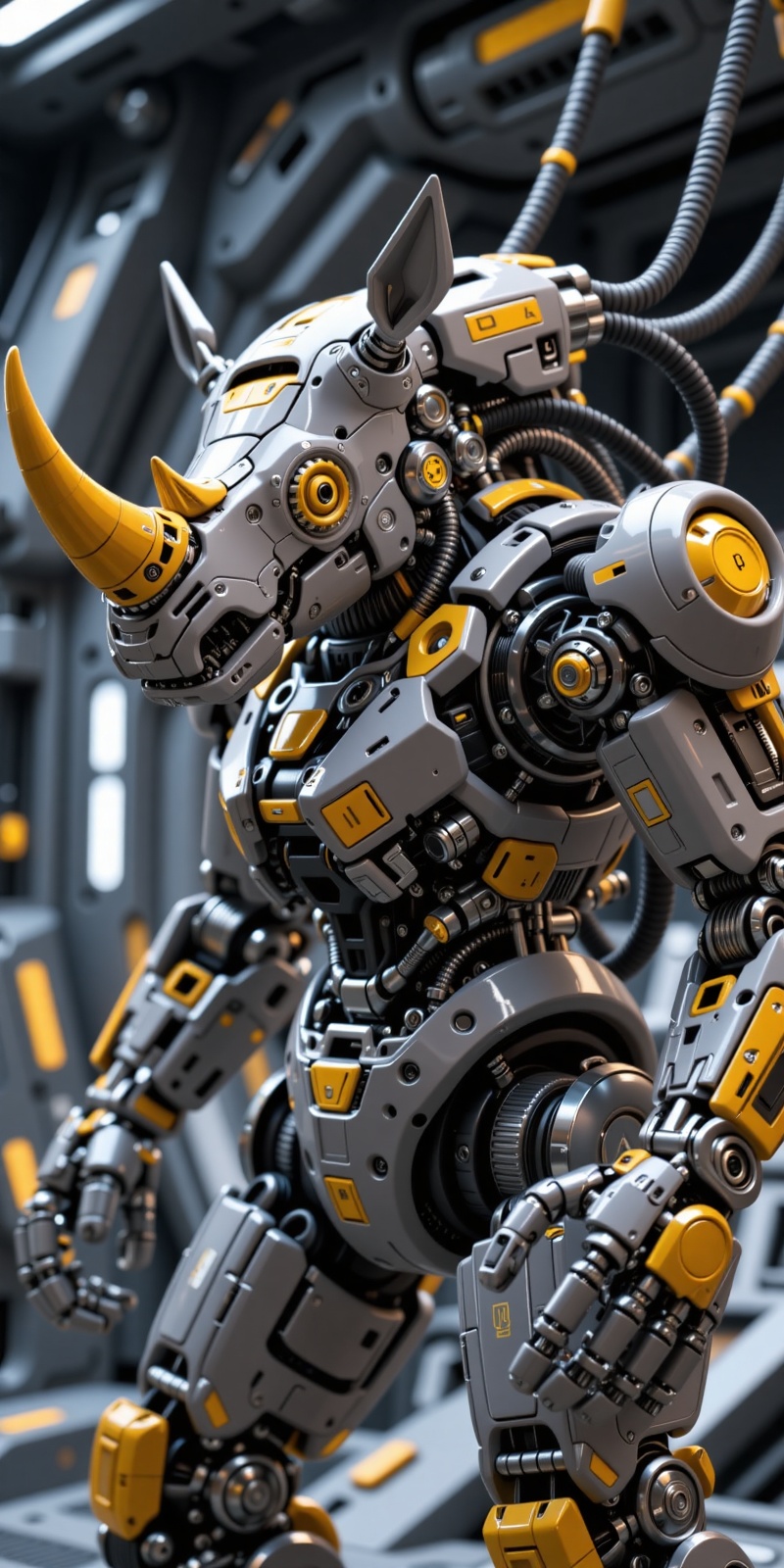 Close-up zoom of a highly detailed and futuristic rhinoceros beetle robotic figure in grey with black and chrome accents,...