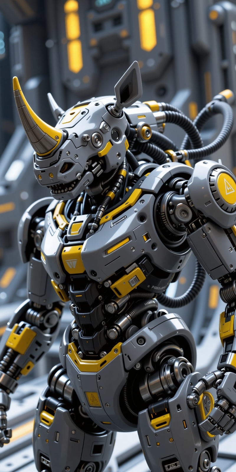 close up zoom image. highly detailed and futuristic rhinocenos beetle robotic figure predominantly in grey with black and...