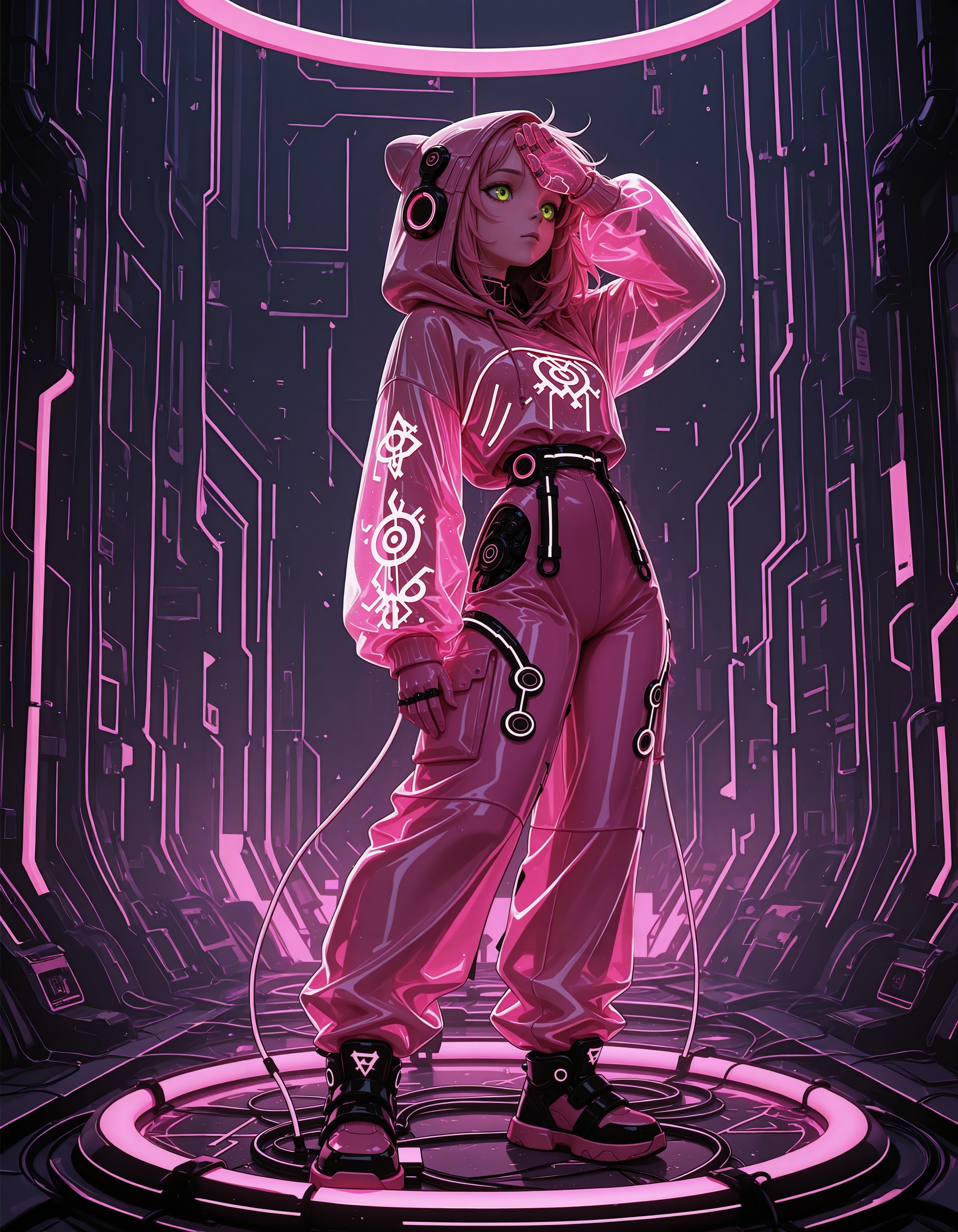 pink hair,  green eyes,  hood on Tensor.Art