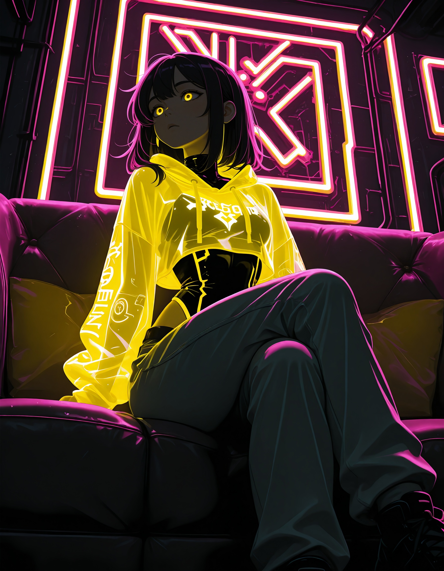 yellow eyes,  glowing_neon_cloth,  neon lines on Tensor.Art