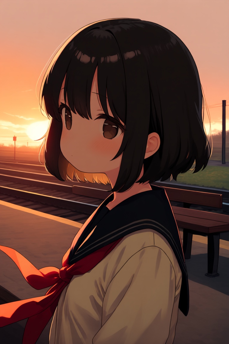 这张图片描绘了一位二次元风格的少女,  整体氛围略带一丝寂寥与怀旧,  色调温暖。少女拥有一头齐耳的黑色短发 on Tensor.Art