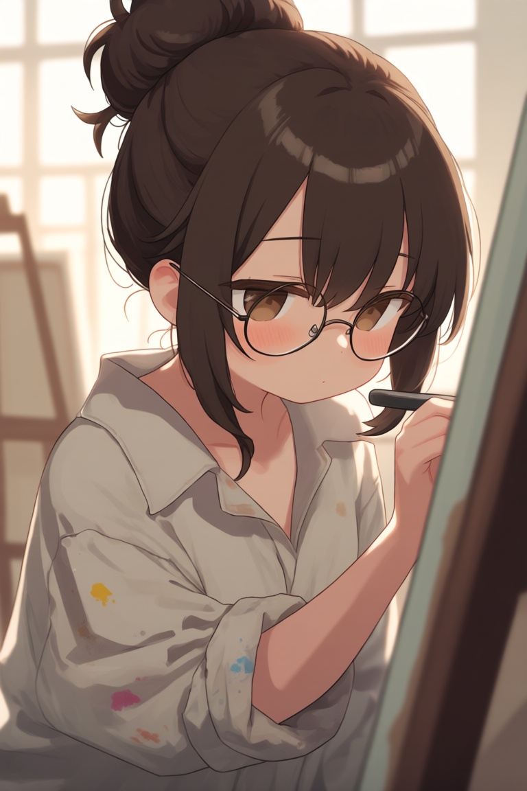 这张图片展示了一位二次元风格的少女,  整体画面充满了艺术气息和专注感,  色调柔和。少女有着一头随意盘起的深棕色丸子头 on Tensor.Art