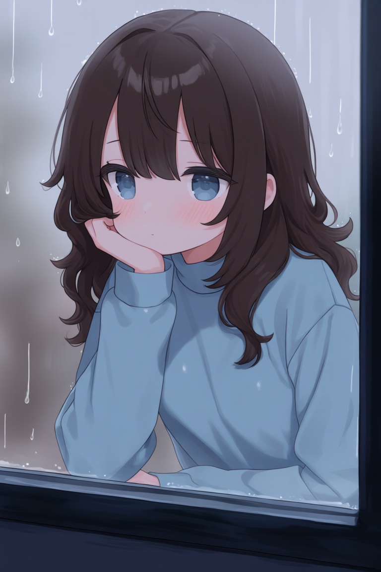 这张图片描绘了一位二次元风格的少女,  整体氛围沉静,  色调柔和偏冷。少女拥有一头微卷的深褐色长发 on Tensor.Art