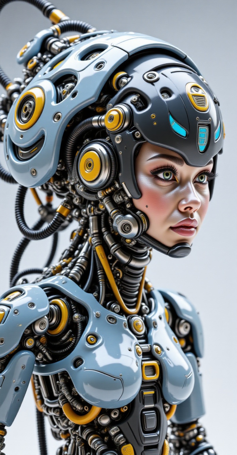 A left-side view of a high-tech tactical cyborg girl with polycarbonate bodywork and intricate mechanical details. Ceramic...