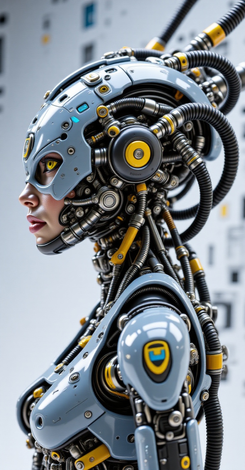 A left-side view of a high-tech tactical cyborg girl with polycarbonate bodywork and intricate mechanical details. Ceramic...