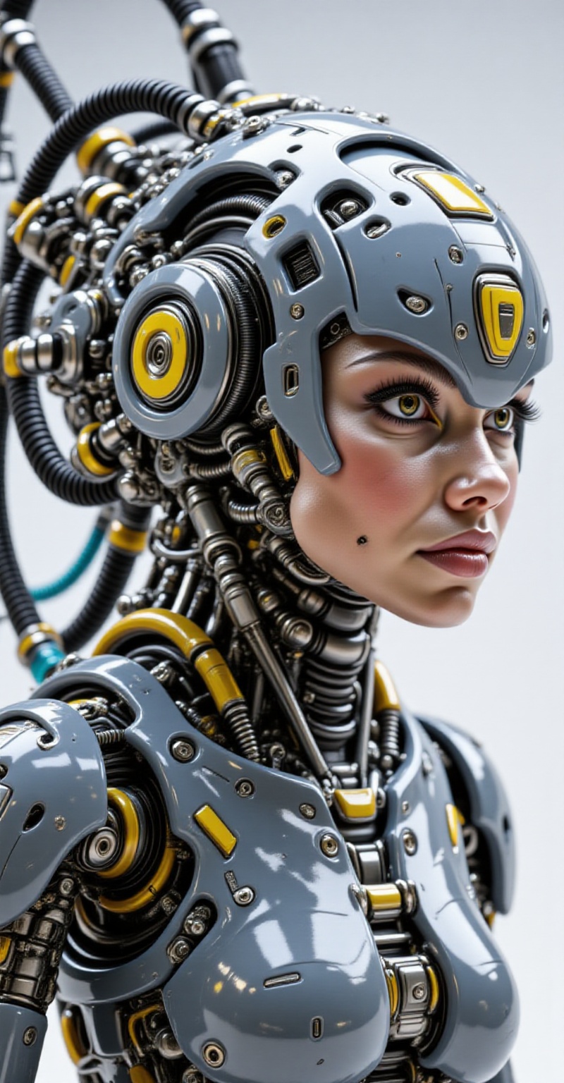 A left-side view of a high-tech tactical cyborg rhinocenos girl's with polycarbonate bodywork and intricate mechanical det...