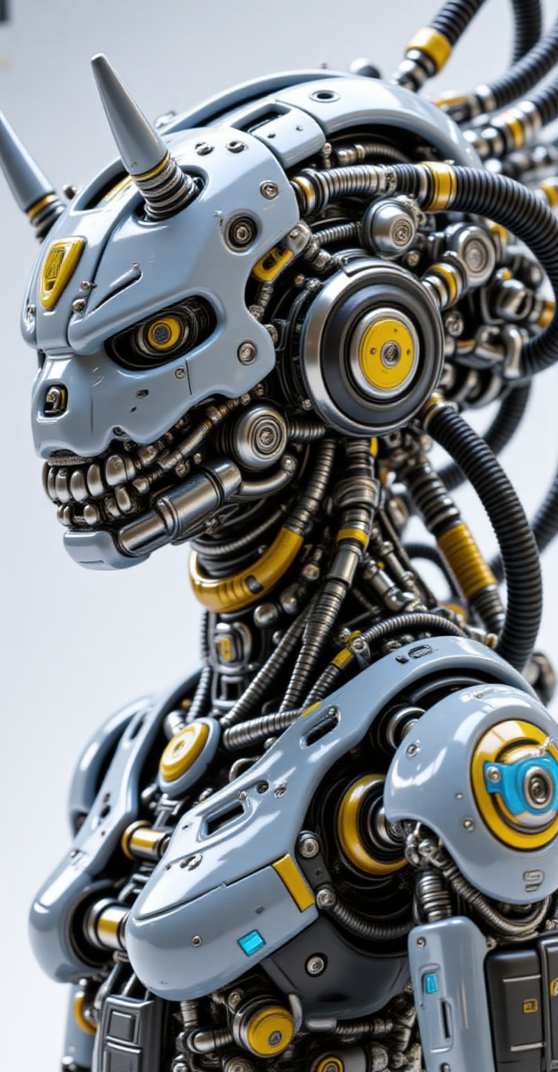 A left-side view of a high-tech tactical cyborg rhinocenos girl's with polycarbonate bodywork and intricate mechanical det...