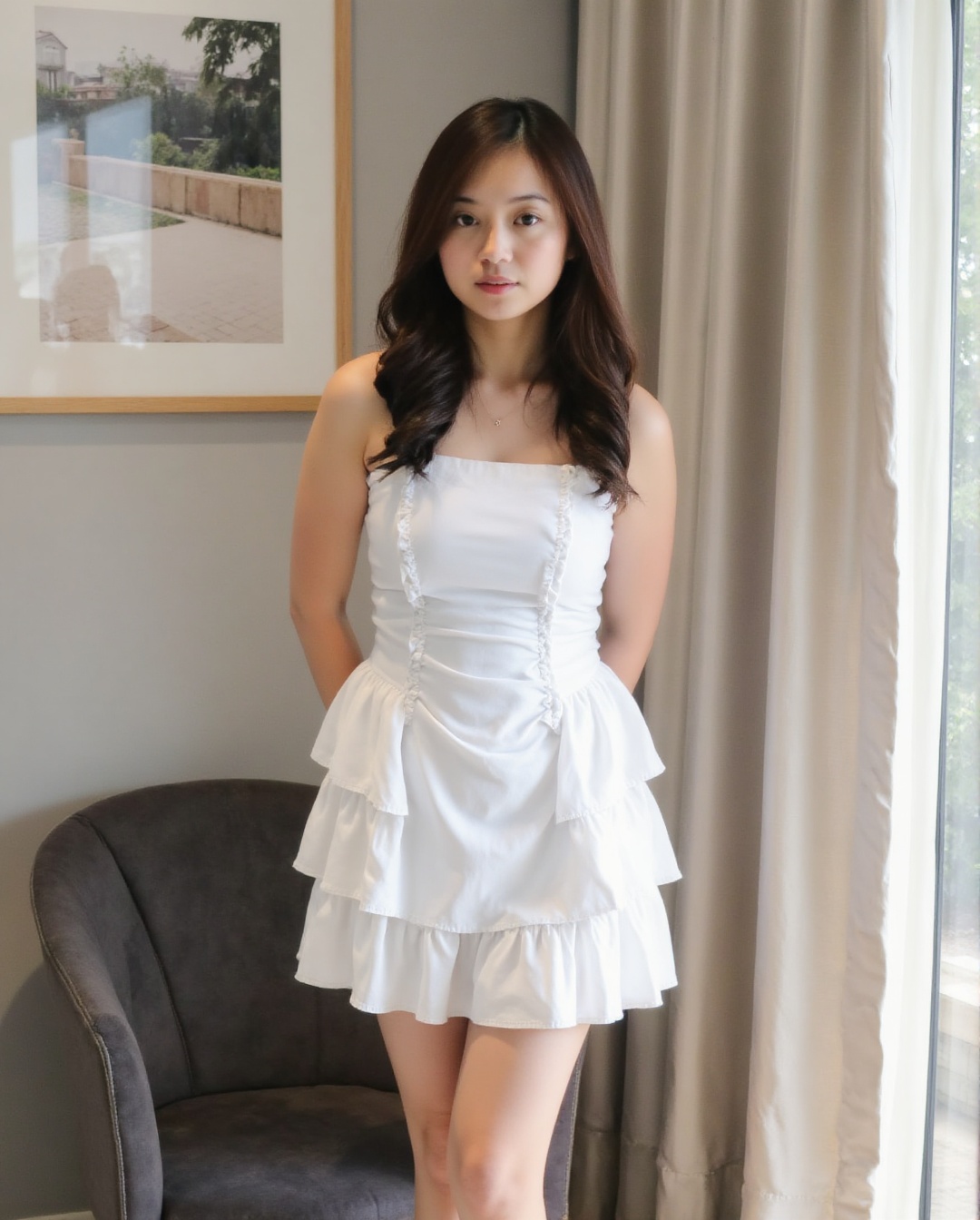 The image shows a woman standing indoors,  dressed in a white,  ruched dress with layered ruffles. Her hair is long and wa...
