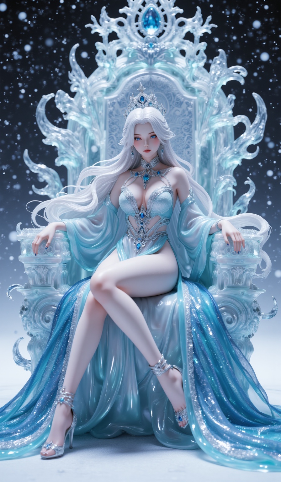 Amidst the frozen wasteland,  Snow Emperor reigns supreme upon her throne of ancient ice. Her silver-white tresses cascade...