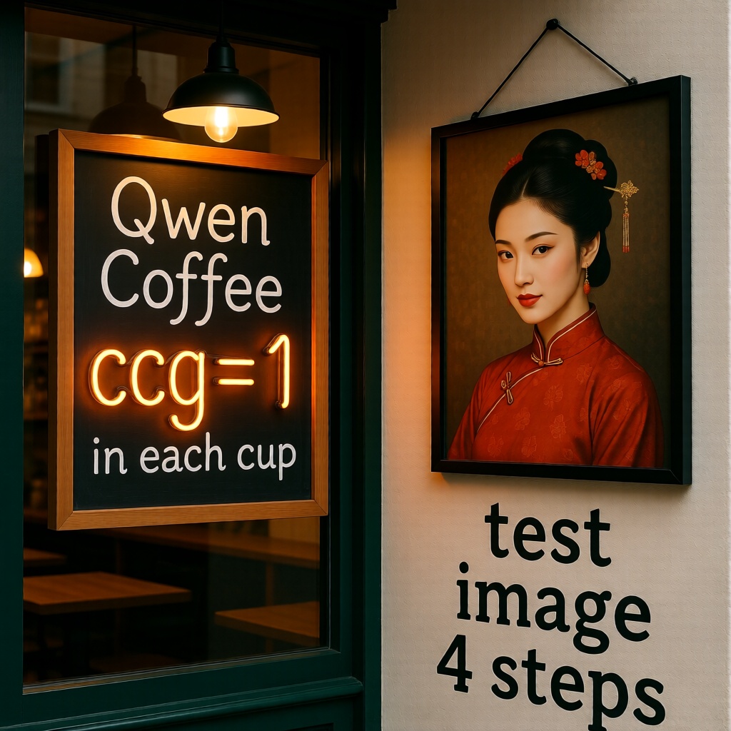 A coffee shop entrance features a chalkboard sign reading "Qwen Coffee lightning in each cup,  " with a neon light beside...
