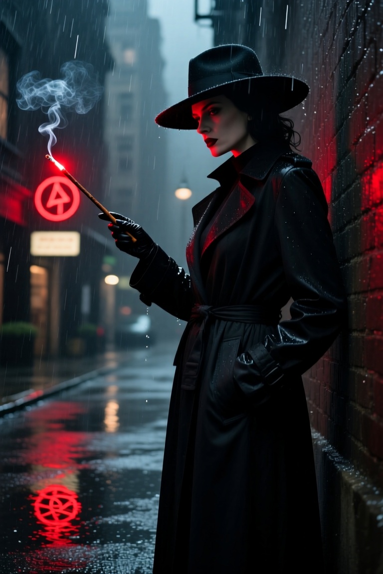 detective noir style,  dramatic lighting,  close-up of a witch in a long black coat and floppy fedora on Tensor.Art