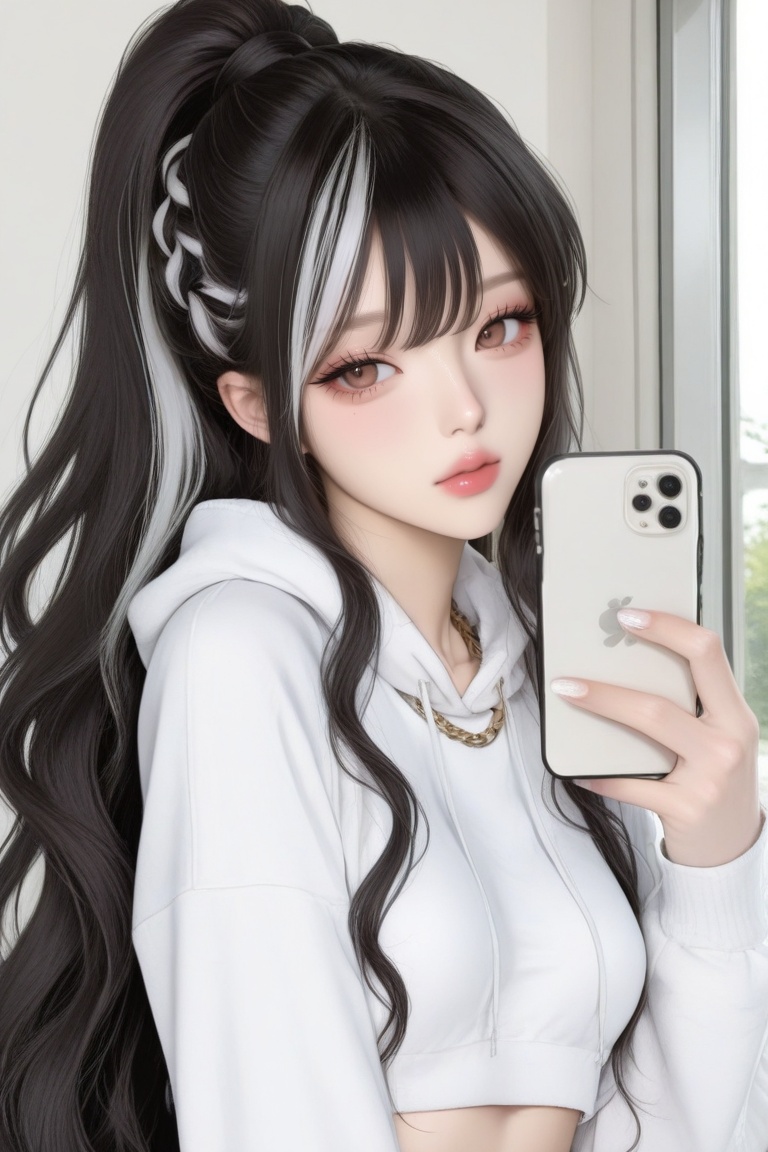 A woman with fair skin,  very long wavy hair,  ฺ(Black hair) with on Tensor.Art
