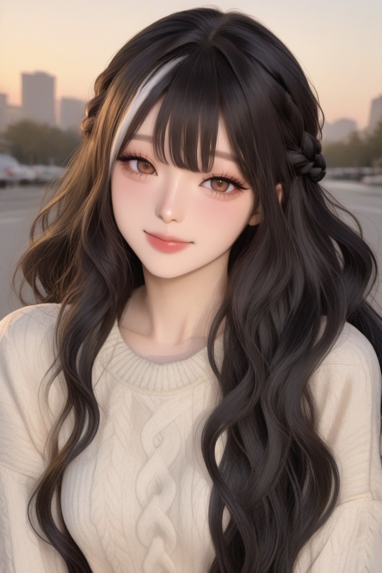 A woman with fair skin,  very long wavy hair,  ฺ(Black hair) with on Tensor.Art