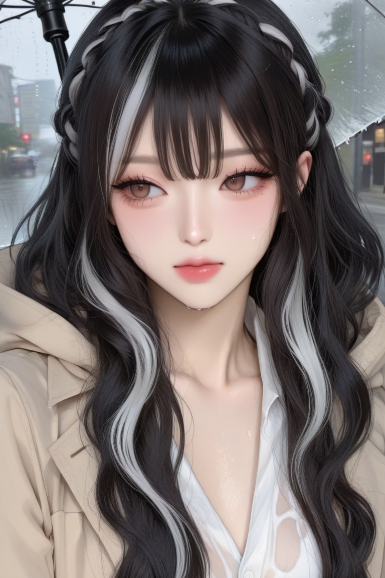 A woman with fair skin,  very long wavy hair,  ฺ(Black hair) with on Tensor.Art