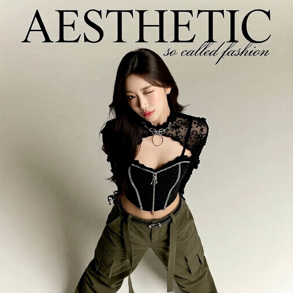 an aesthetic poster depicting a 20 year old korean woman wearing stylish baggy cargo pants,  and fashionable goth-themed t...
